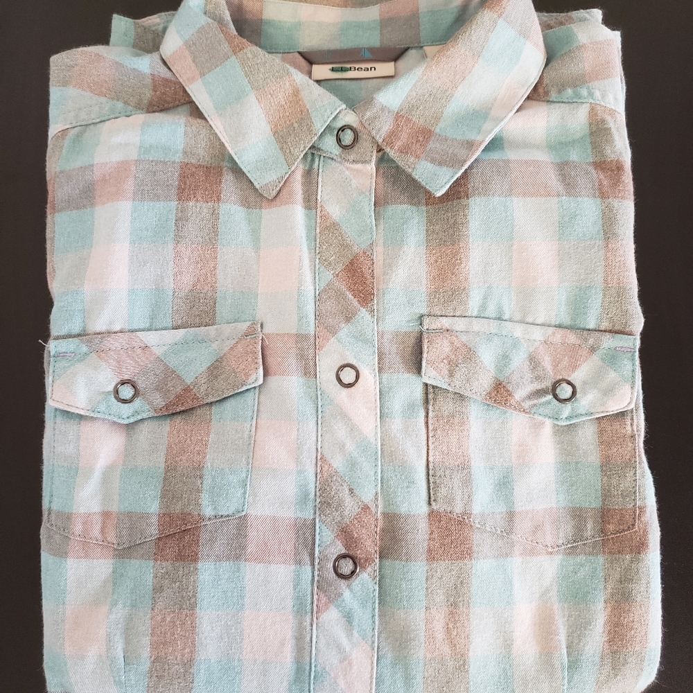 L.L. Bean plaid flannel shirt. Snaps instead of buttons. Soft colors
